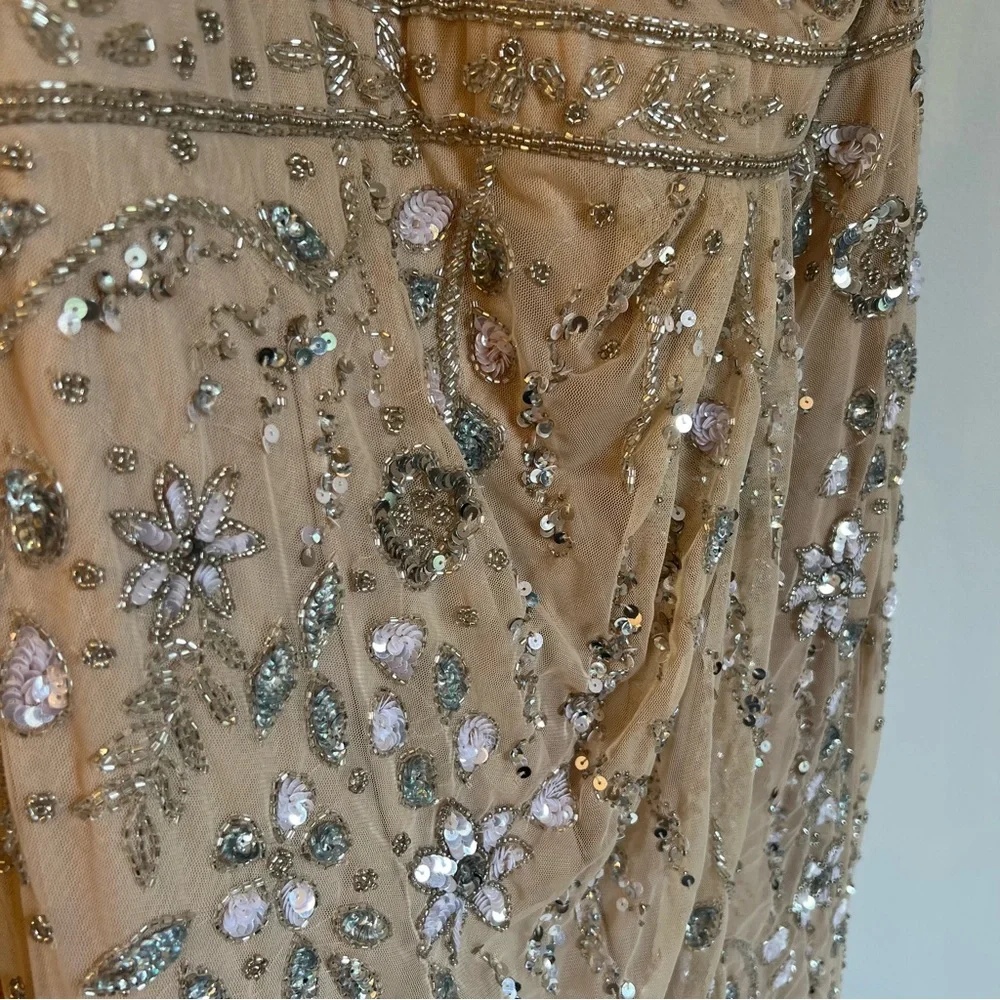 Mac Duggal Embellished One Shoulder Draped Maxi Gown Nude & Silver | Size 8 - Picture 8 of 16